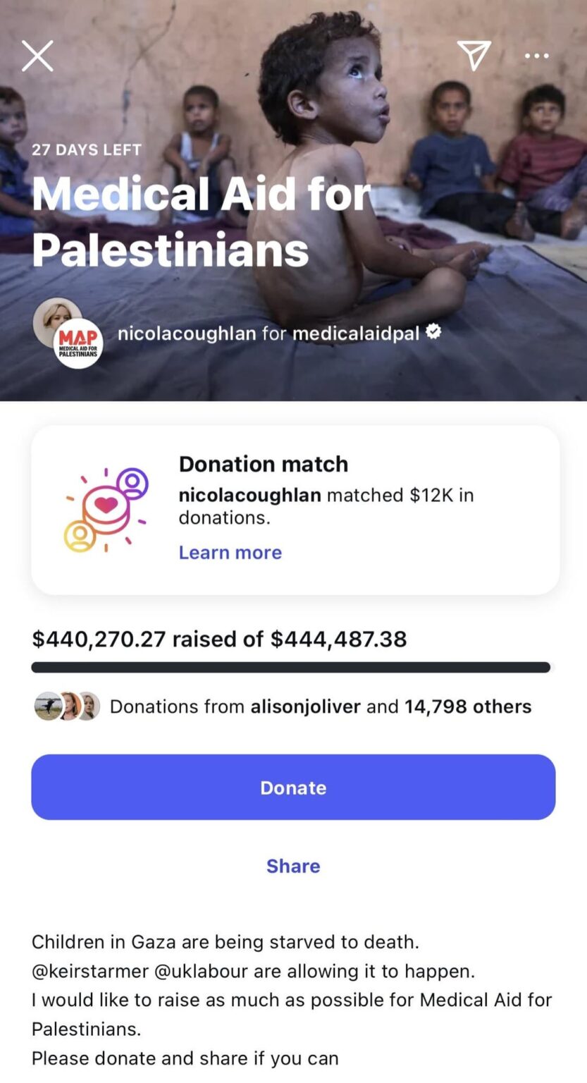 Nicola Coughlan has raised over $400k in 2 days for Medical Aid for Palestinians, personally contributing nearly $12k herself.