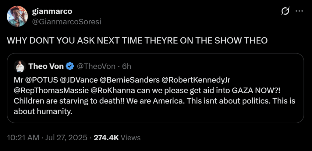 Comedian Gianmarco Soresi calls out Theo Von's political fence-sitting