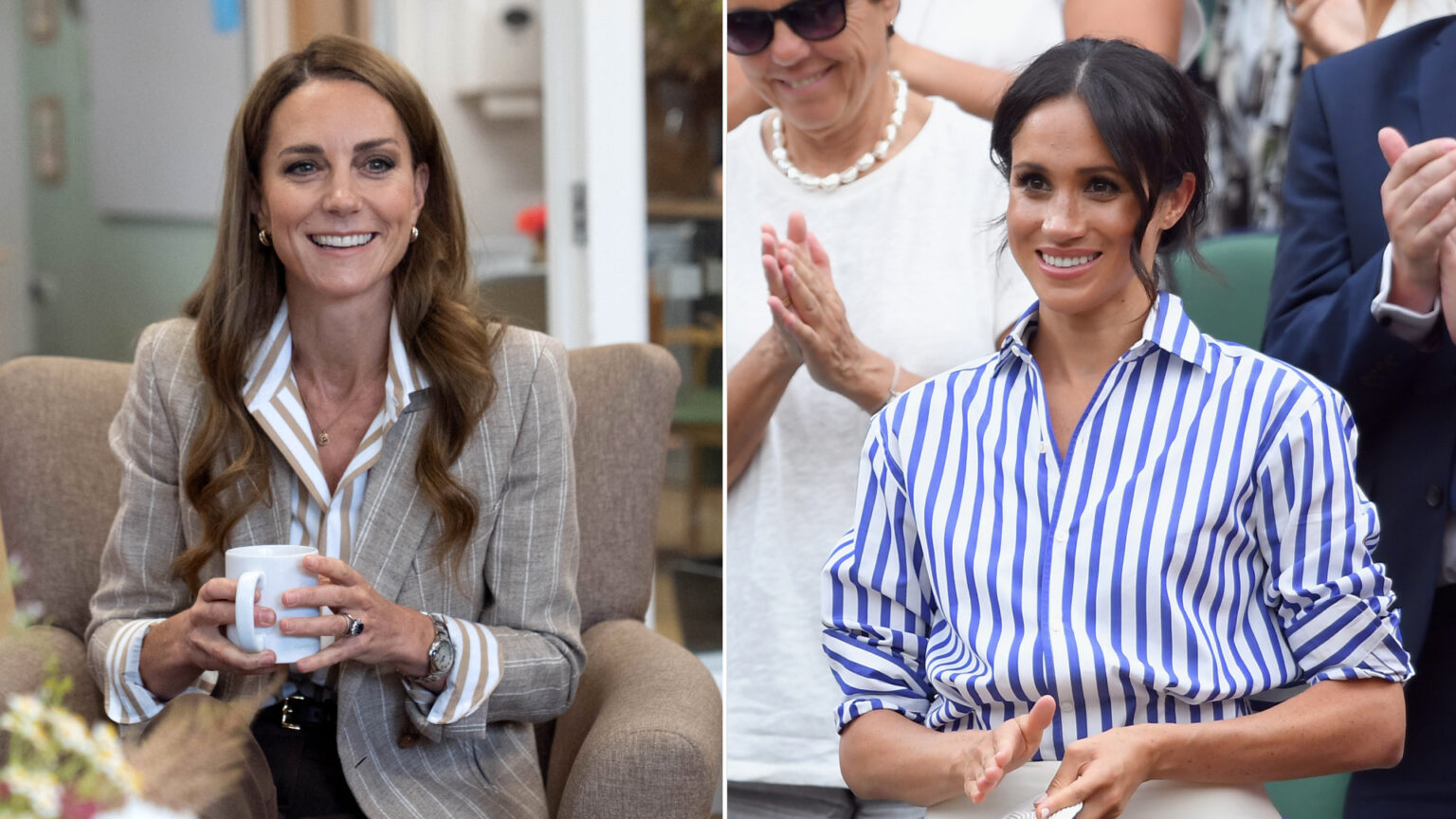 Meghan Markle and Kate Middleton twin in matching Ralph Lauren Capri shirts both featuring stripes