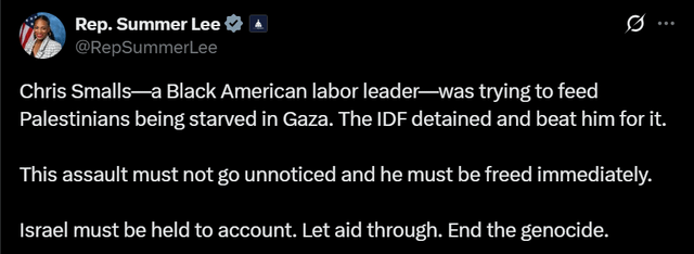 Rep. Summer Lee calls for justice for union leader Christian Smalls, who was detained and assaulted by IDF soldiers for trying to deliver aid to Gaza