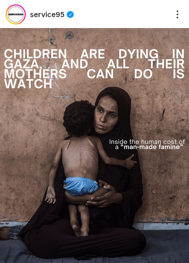 Dua Lipa's Service95 has posted an article talking about the man-made famine in Gaza.