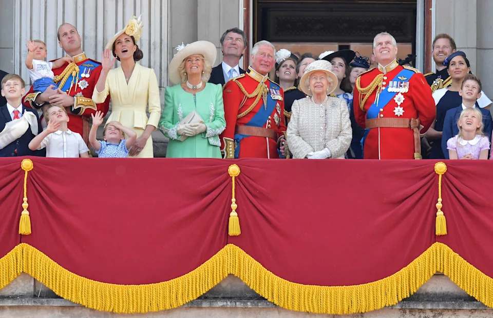 The Royal Family stand on the Buckingham Palace balcony