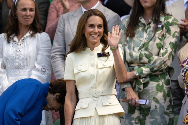 LONDON, ENGLAND - JULY 12: Catherine, Princess of Wales, waves from the Royal Box prior to the the Ladies' Singles Final between Iga Swiatek of Poland and Amanda Anisimova of United States on day thirteen of The Championships Wimbledon 2025 at All England Lawn Tennis and Croquet Club on July 12, 2025 in London, England. (Photo by Visionhaus via Getty Images)