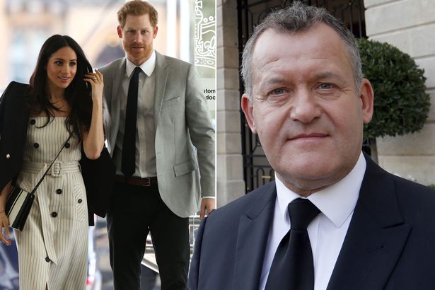 Meghan Markle and Prince Harry next to photo of Paul Burrell