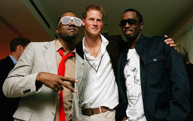 US rapper Kanye West (2nd L) Prince Harry (2nd R) and US rapper P Diddy (R) at a backstage party at Wembley Arena in north London in July 2007 