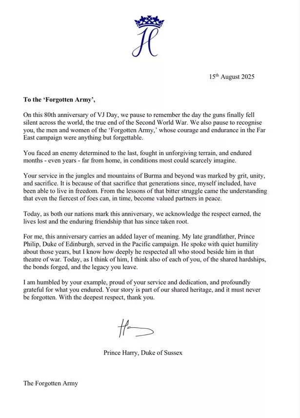 A personal letter secretly left at the National Memorial Arboretum on the 80th anniversary of VJ Day, by a friend of the Duke of Sussex