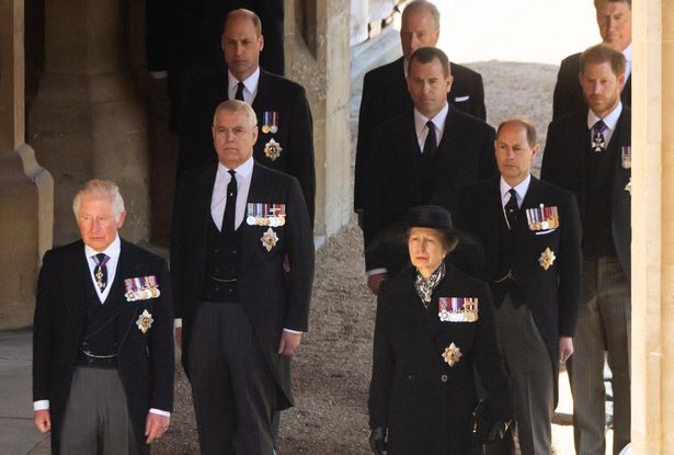 Prince Charles, Prince of Wales, Prince Andrew, Duke of York, Princess Anne, Princess Royal, Prince William, Duke of Cambridge, Earl of Snowdon David Armstrong-Jones, Peter Phillips, Prince Edward, Earl of Wessex, Prince Harry, Duke of Sussex and Vice-Admiral Sir Timothy Laurence during the funeral of Prince Philip
