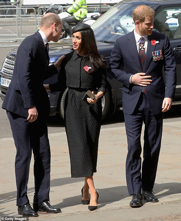 William, Meghan and Harry outside Westminster Abbey in 2018. Meghan clashed with William's 'rather awkward, even inhibited personality' which she reportedly found 'baffling'