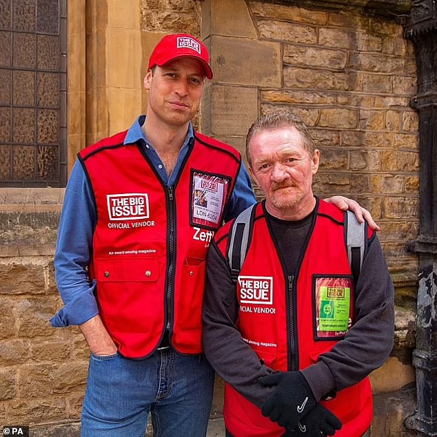 The Prince of Wales has been an undercover Big Issue seller on previous occasions, putting on the red tabard and baseball cap, and surprising tourists near Victoria in central London. He is pictured with Big Issue vendor Dave Martin in 2022