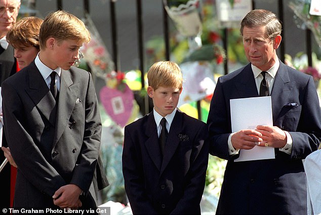 Prince William recently described grief as 'the most painful experience that any child or parent can endure'. He is pictured with his brother and father at Princess Diana's funeral on September 6, 1997