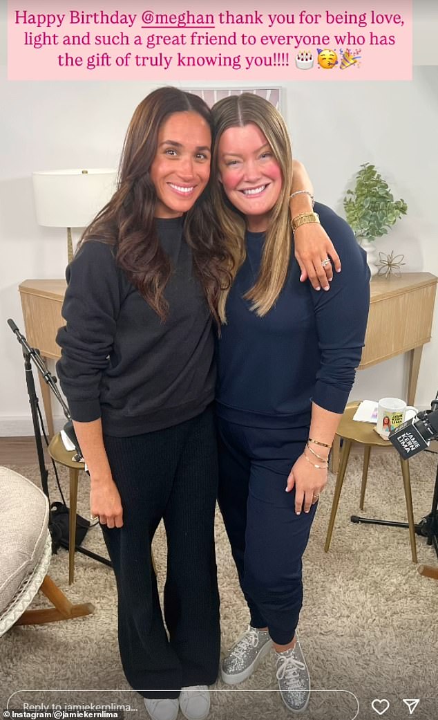 Meghan Markle's closest friends, including Jamie Kern Lima, pictured with the Duchess, have marked her 44th birthday with a series of gushing tributes shared to social media