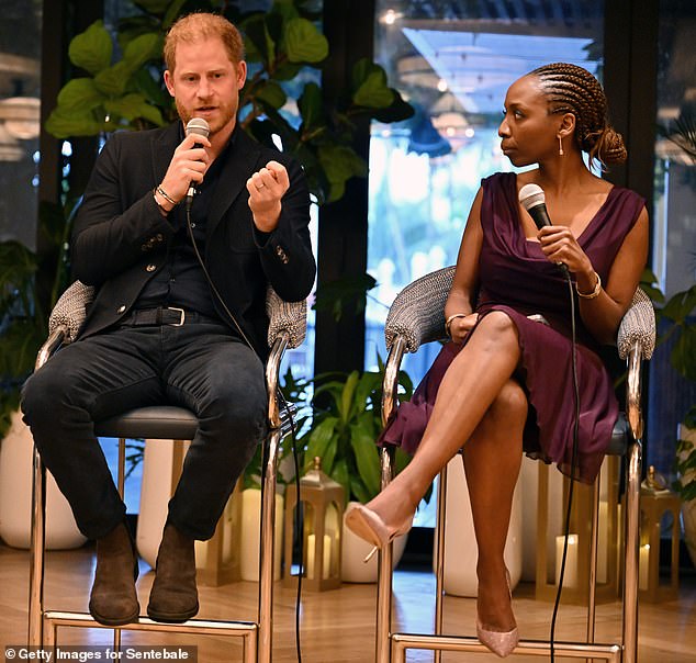 Prince Harry and Sentebale's chair Dr Sophie Chandauka at an event in Miami in April 2024