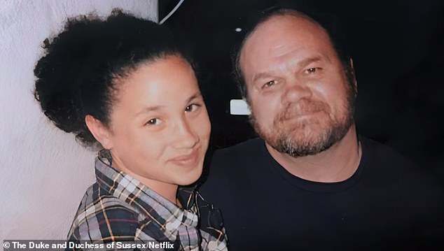 A young Meghan and her father Thomas are pictured. While Meghan was a child, Thomas worked gruelling hours on shows such as General Hospital to send her to elite private schools
