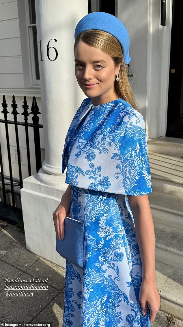 Flora, who is married to Swedish financier Timothy Vesterberg, looked effortlessly stylish in a cobalt blue and white satin caped frock designed by Emilia Wickstead