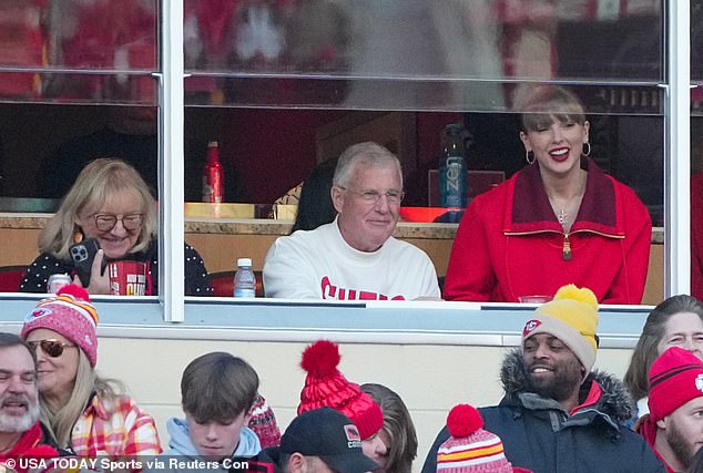Taylor joked about how the parent¿child dynamic had flipped, as she now needed to confiscate her dad's phone because he stayed up late FaceTiming his friends from his hospital bed instead of getting the rest he needed; seen with Donna Kelce (L) in November in Kansas City