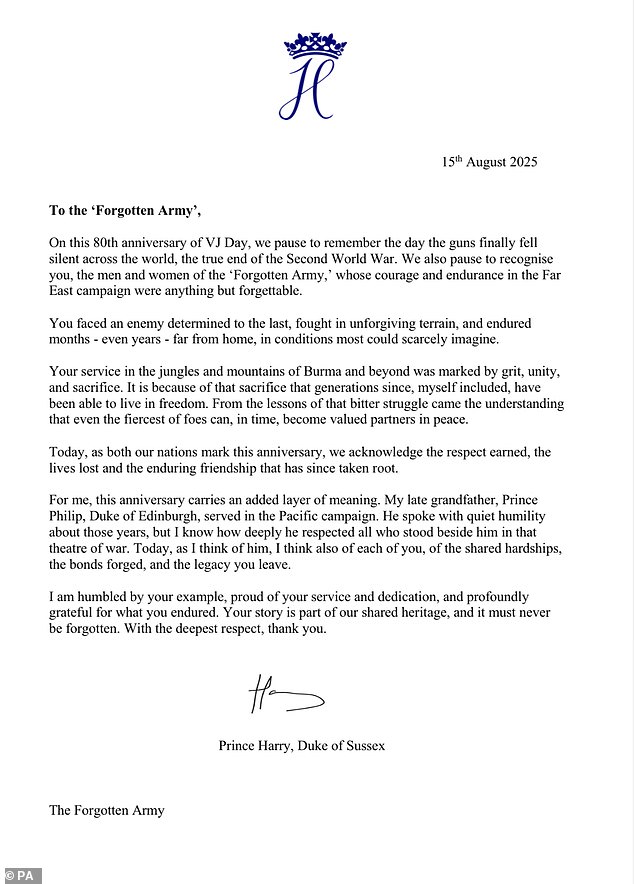 A personal letter secretly left at the National Memorial Arboretum on the 80th anniversary of VJ Day last Friday by a friend of Prince Harry, who paid tribute to his grandfather Prince Philip