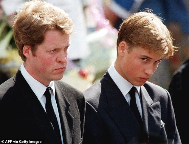 Earl Spencer and William wait in front of Westminster Abbey in London to attend the funeral ceremony of the Princess of Wales