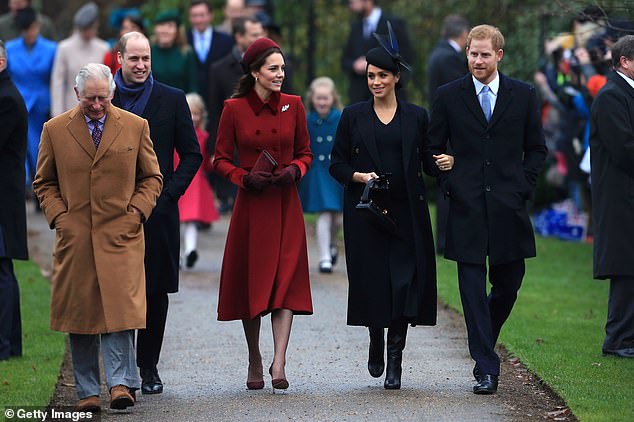 HAPPIER TIMES: Members of the Royal Family before the rift was exposed (pictured L-R: King Charles; Prince William; Kate Middleton; Meghan Markle; Prince Harry)