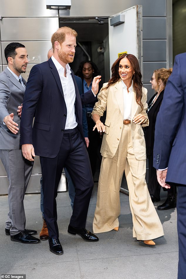 Prince Harry and Meghan Markle pictured attending the Time 100 Summit at the Lincoln Center in Midtown, New York on April 23, 2025
