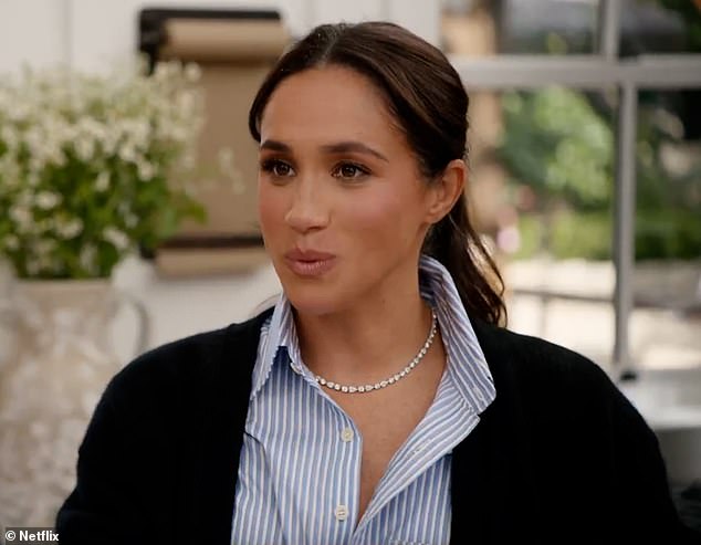 Meghan Markle appeared today to take a new swipe at the royal family as she appeared on a podcast to promote her Netflix show (pictured in season two of With Love, Meghan)