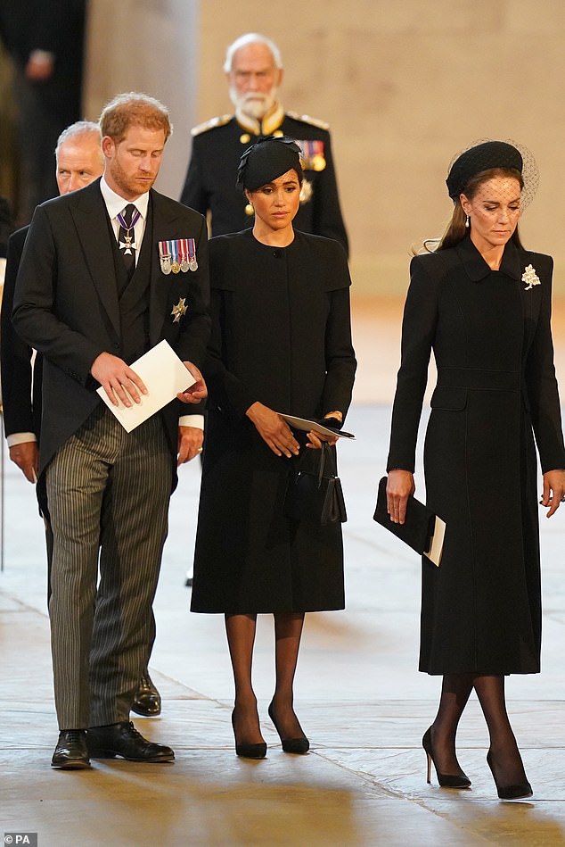 The Duchess, who last week released the second season of her lifestyle series, With Love, Meghan, hasn't visited the UK since the late Queen Elizabeth's funeral in 2022. Pictured at the funeral in London