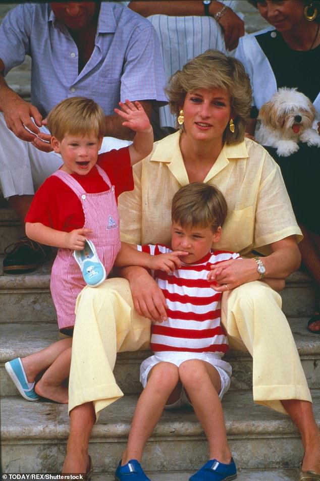 The 'shrine' to her memory outside Kensington Palace included photos of Diana taken over the years, including pictures with her now-estranged sons. She is pictured here with Prince William (left) and Prince Harry in 1987