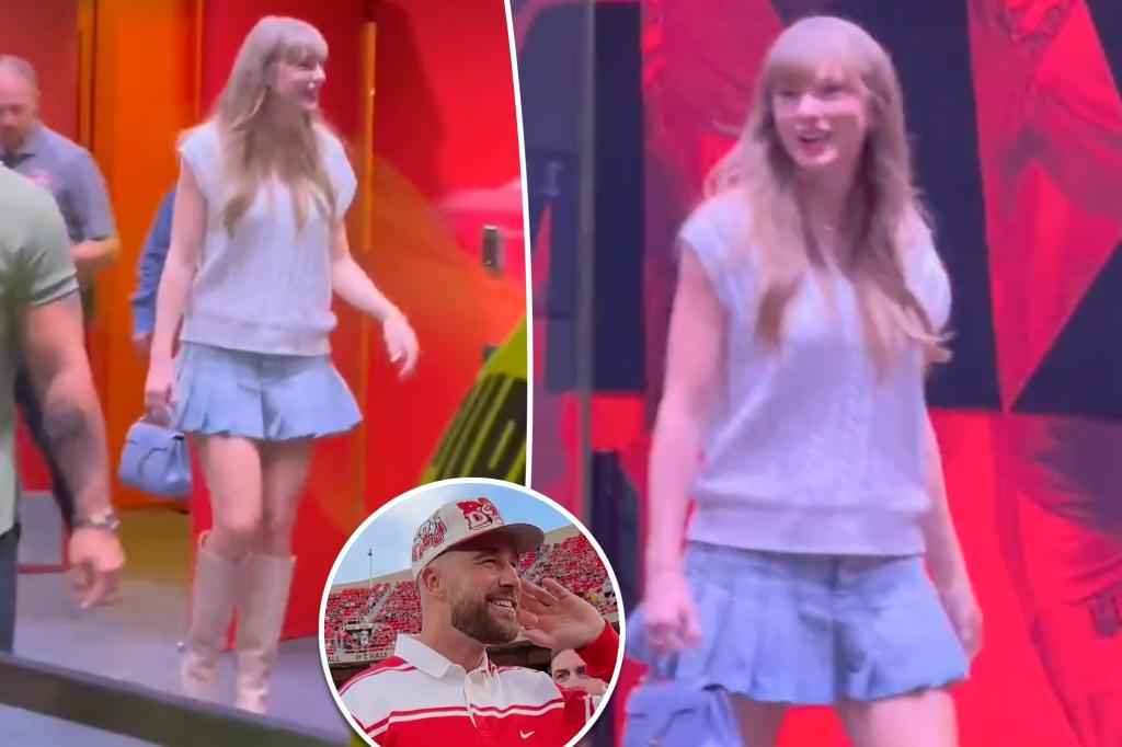 Taylor Swift pairs her new engagement ring with a pleated skirt at Nebraska vs. Cincinnati game Taylor Swift pairs her new engagement ring with a pleated skirt at Nebraska vs. Cincinnati game