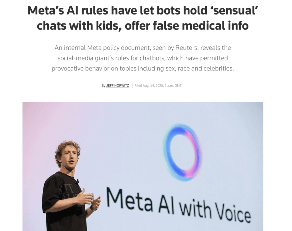 Reuters: Meta AI rules allowed chatbots to have inappropriate conversations with children, racism, generate false medical info