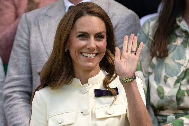 LONDON, ENGLAND - JULY 12: Catherine, Princess of Wales, waves from the Royal Box prior to the the Ladies' Singles Final between Iga Swiatek of Poland and Amanda Anisimova of United States on day thirteen of The Championships Wimbledon 2025 at All England Lawn Tennis and Croquet Club on July 12, 2025 in London, England. (Photo by Visionhaus via Getty Images)
