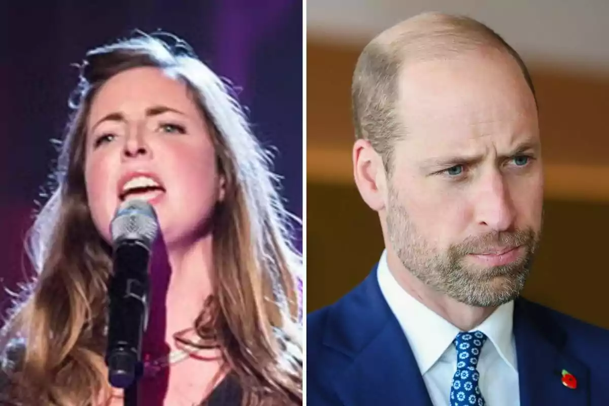 Rose Farquhar singing with a microphone and Prince William in a suit and tie looking serious