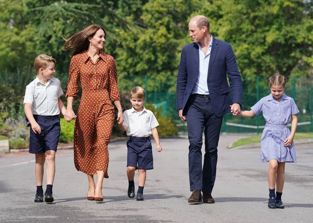 Prince George, Princess Charlotte, and Prince Louis, accompanied by their parents the Prince William and Kate Middleton arrive for a settling in afternoon at Lambrook School