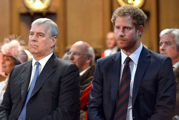 Prince Andrew sits beside Prince Harry, both in suits, during a reception for Queen Elizabeth II's 90th birthday in 2016