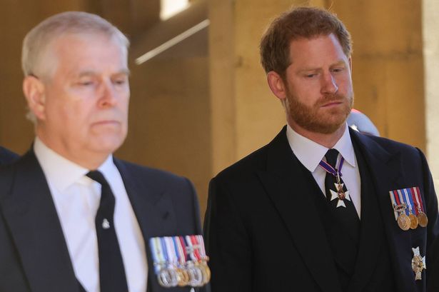 Prince Andrew walking in front of Prince Harry, both in suits, during the funeral of Prince Philip in 2021