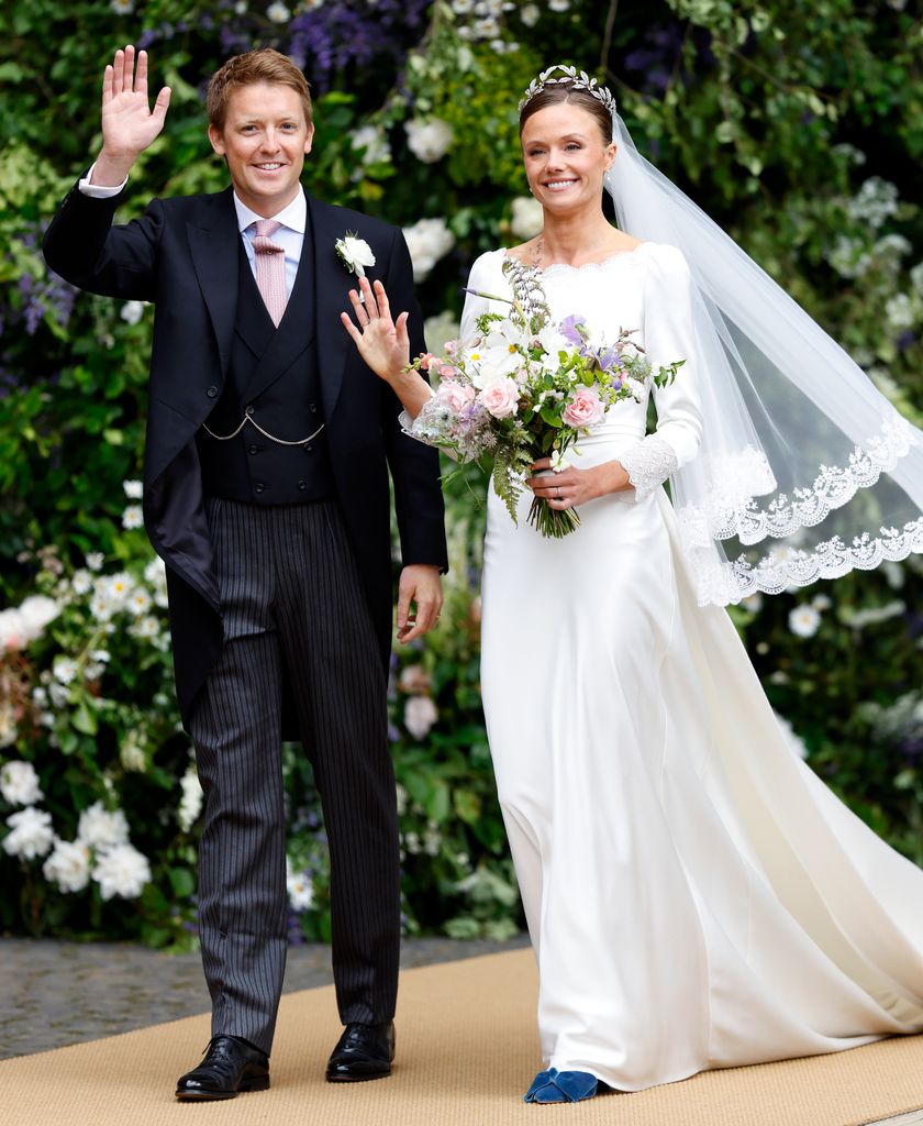 Hugh Grosvenor, Duke of Westminster and Olivia Grosvenor, Duchess of Westminster leave Chester Cathedral following their wedding ceremony 