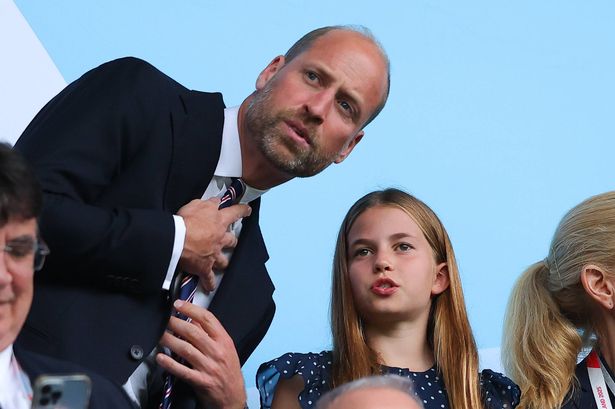 BASEL, SWITZERLAND - JULY 27: William, Prince of Wales, speaks with daughter Princess Charlotte of Wales during the UEFA Women's EURO 2025 Final match between England and Spain at St. Jakob-Park on July 27, 2025 in Basel, Switzerland. (Photo by James Gill - Danehouse/Getty Images)