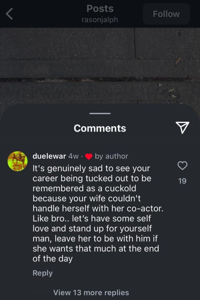 Rachel Brosnahan’s husband Jason Ralph likes a comment on instagram about her and David Corenswet saying “It's genuinely sad to see your career being tucked out to be remembered as a cuckold because your wife couldn't handle herself with her co-actor.”