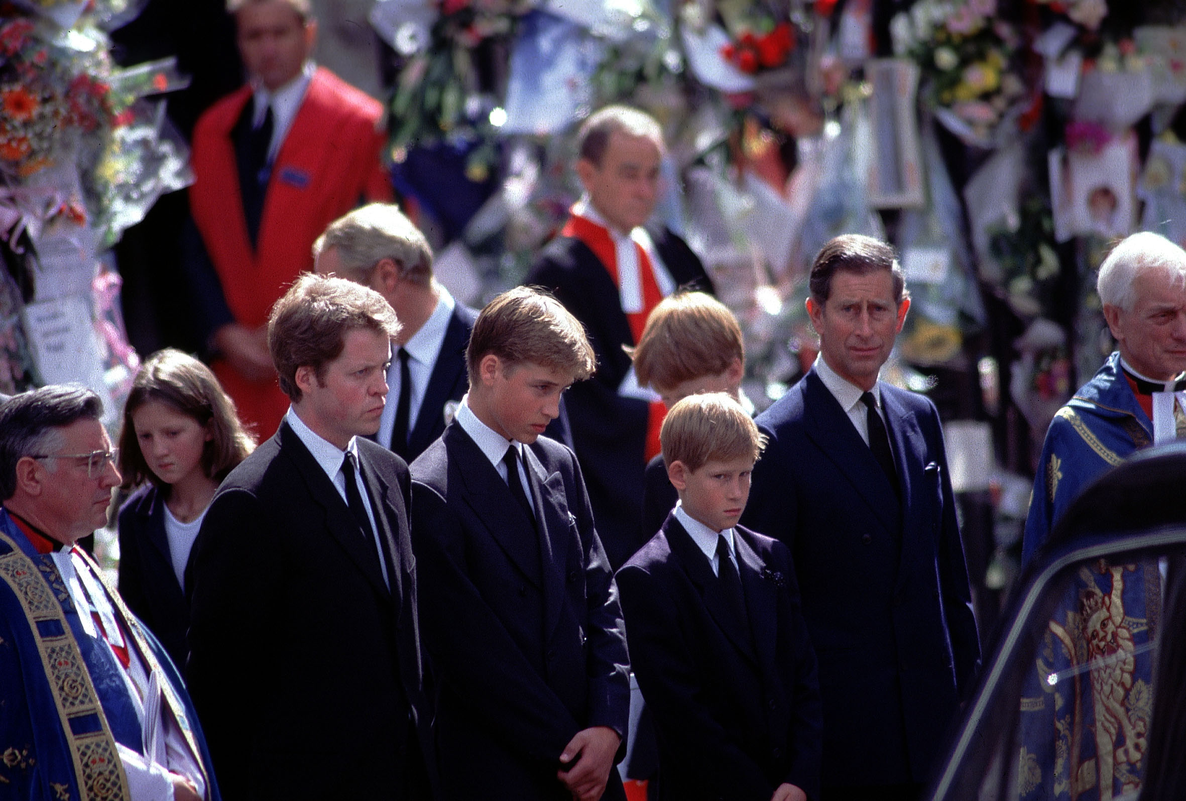 Charles Spencer, Prince William, Prince Harry and Prince Charles at Princess Diana's funeral