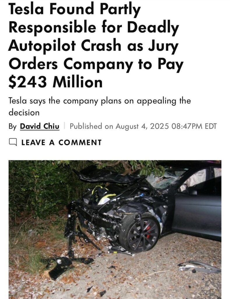 Tesla Found Partly Responsible for Deadly Autopilot Crash as Jury Orders Company to Pay $243 Million