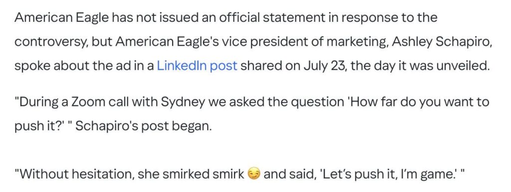 American Eagle’s vice president of marketing reveals that Sydney Sweeney said she wanted to ‘push it’ with her jeans advertisement