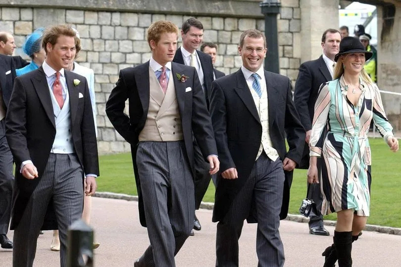 Prince William (left), Prince Harry (second left), Peter Phillips (second right) and Zara Phillips arriving for the wedding of the Prince of Wales and Camilla Parker Bowles. Photo credit should read: Martin Hayhow/PA