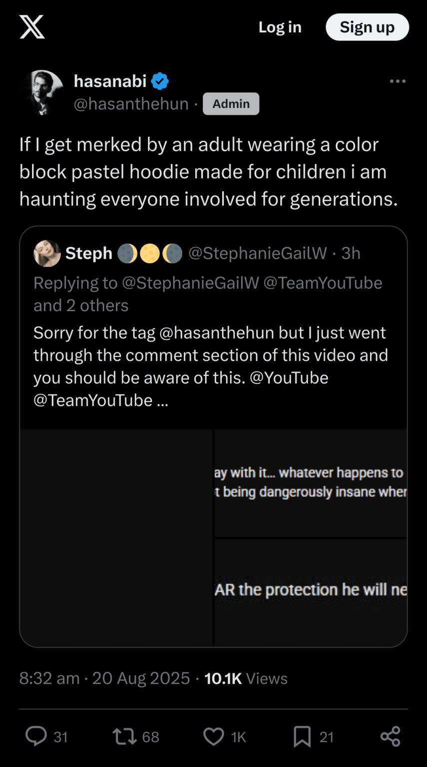 Twitch streamer Hasan Piker notes the uptick in calls for violence against him by radicalised fans of Ethan Klein's H3 Podcast, ridicules their fashion sense