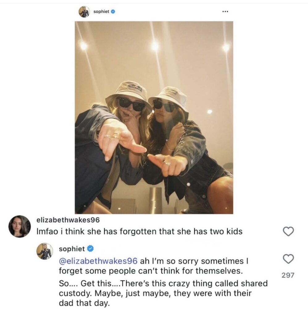 Sophie Turner responds to a comment mom-shaming her: "There’s this crazy thing called shared custody. Maybe, just maybe, they were with their dad that day."
