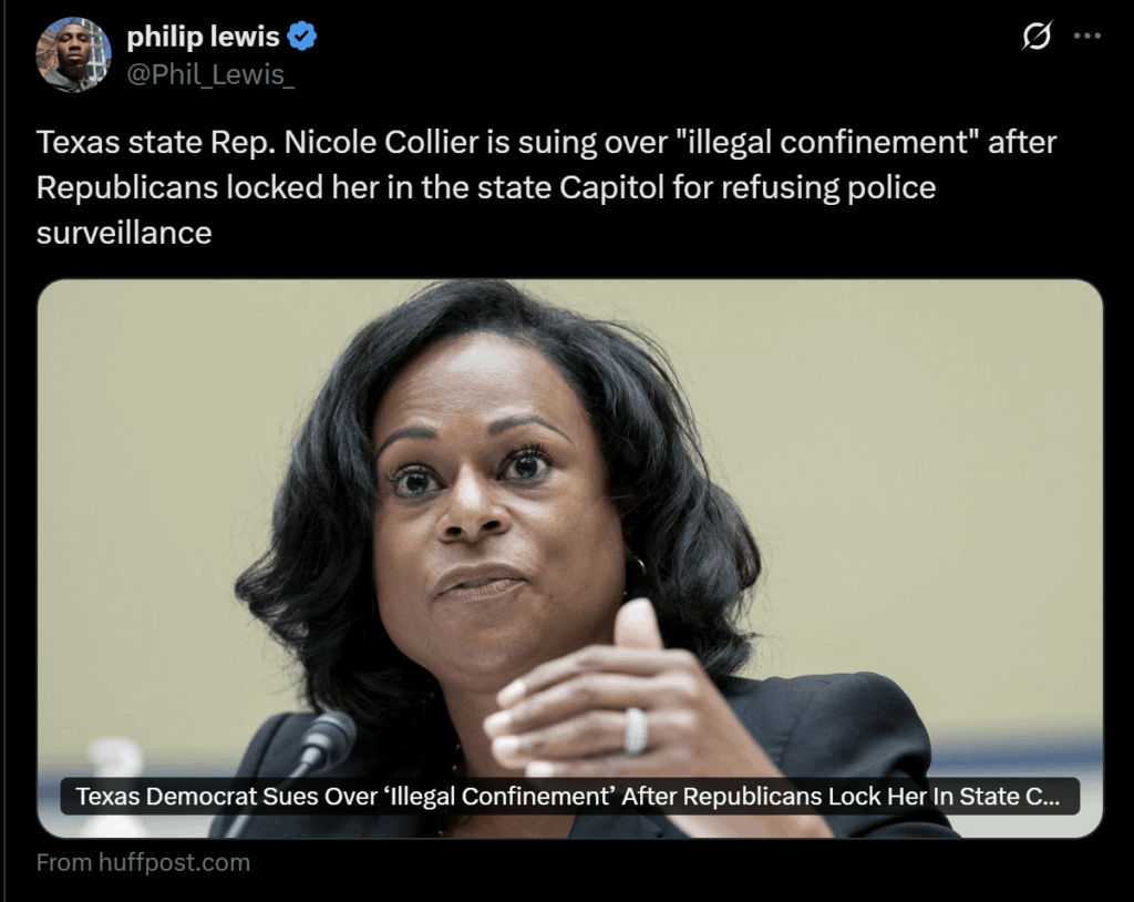 Texas state Rep. Nicole Collier is suing over "illegal confinement" after Republicans locked her in the state Capitol for refusing police surveillance