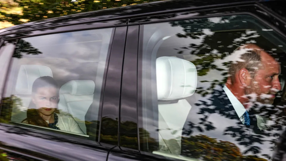 Prince William, Prince of Wales and Princess Charlotte of Wales arrive by car at Crathie Kirk to attend the church service on Aug. 24 in Crathie, Aberdeenshire. (Photo by Jeff J Mitchell/Getty Images)