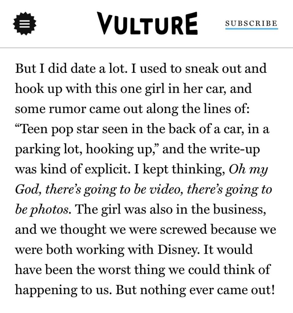 In a 2013 article in Vulture Joe Jonas revealed he used to hook up with a fellow disney employee in a car, who is he talking about?