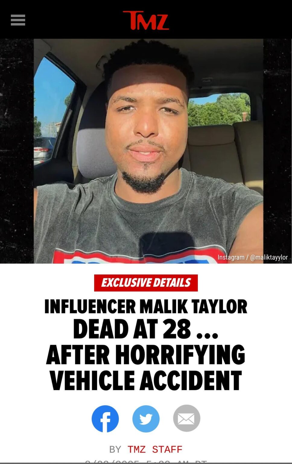 Influencer Malik Taylor Died After 20 Foot Plunge in SUV Influencer Malik Taylor Died After 20 Foot Plunge in SUV