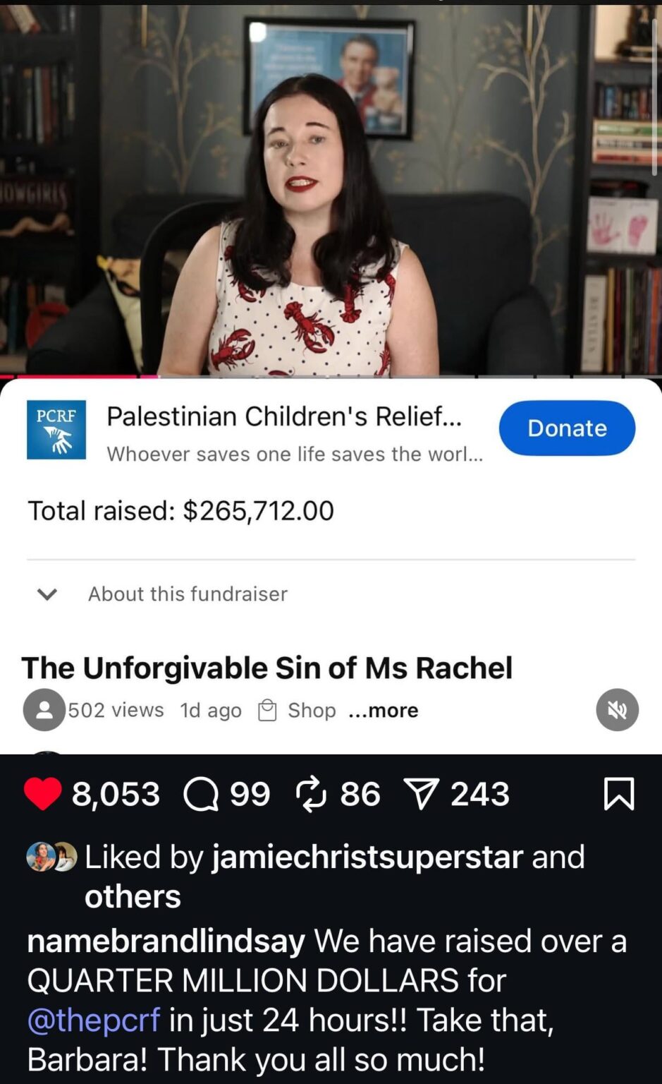 YouTuber Lindsay Ellis has raised a quarter million dollars for the Palestinian Children’s Relief fund in under a day with new video defending Ms. Rachel