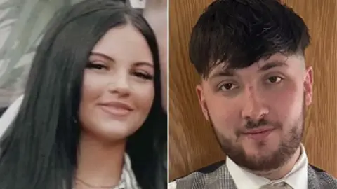 Family handouts Left hand is a picture of Mia Keevan, she has black hair and just visible is a white striped shirt. In a separate image on the right hand side there is a close up photo of Trae Keenan, he has dark hair and a short dark beard and is looking at the camera. He is wearing a a grey checked waistcoat over a white shirt.