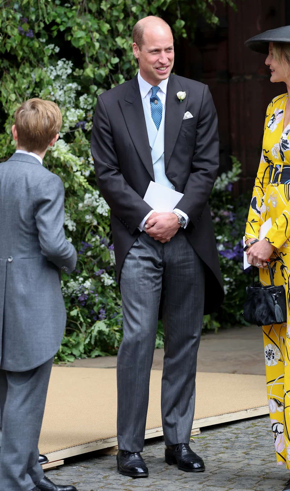 CHESTER, ENGLAND - JUNE 07: Prince William, Prince of Wales smiles after the wedding ceremony of Hugh Grosvenor, Duke of Westminster and Olivia Grosvenor, Duchess of Westminster at Chester Cathedral on June 07, 2024 in Chester, England. (Photo by Chris Jackson/Getty Images)