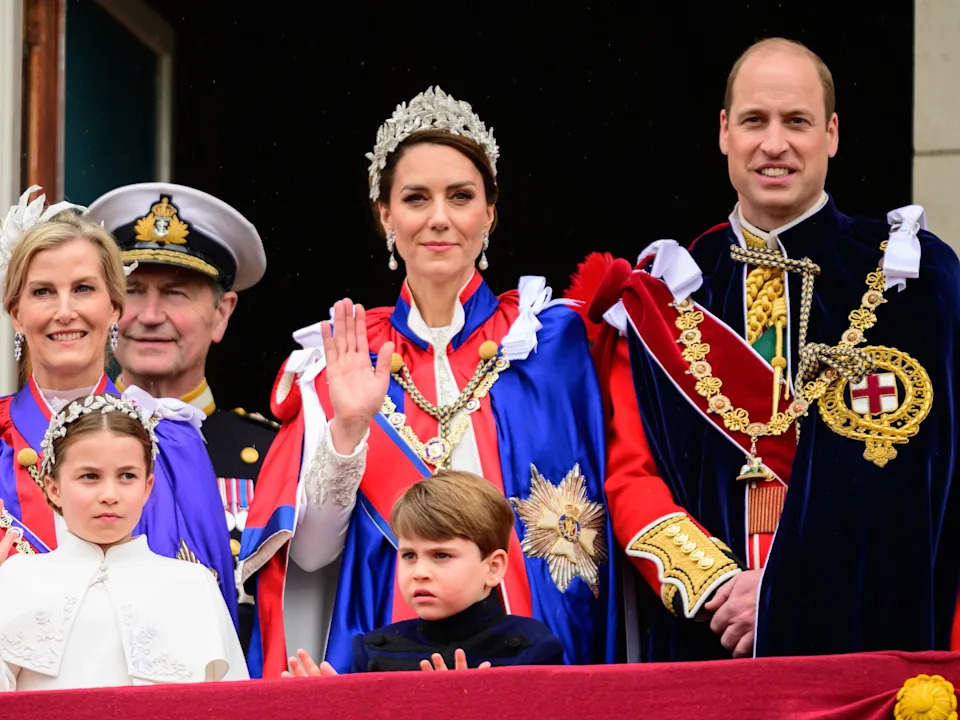 Catherine, Princess of Wales, waves from the balcony of Buckingham Palace with Prince William, Prince of Wales and Princess Charlotte and Prince Louis during the Coronation of King Charles III and Queen Camilla on May 06, 2023 in London, England. The Coronation of Charles III and his wife, Camilla, as King and Queen of the United Kingdom of Great Britain and Northern Ireland, and the other Commonwealth realms takes place at Westminster Abbey today. Charles acceded to the throne on 8 September 2022, upon the death of his mother, Elizabeth II.